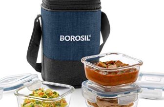 Borosil Elite Lunchbox with Bag | 320ml x 3pc Borosilicate Glass Square Container Set | Microwave & Dishwasher Safe, Leak Proof | Tiffin for Office, School, College