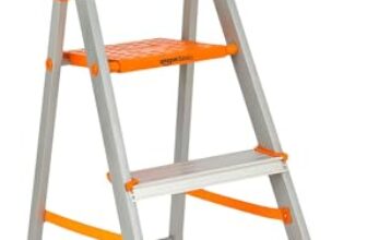 Amazon Basics Clamber Pro+ – Foldable Step Ladder with Tool Tray, Firm Grip, 3 Steps (Aluminium Steps, Orange & Satin)