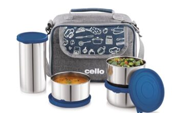 CELLO MF High Meal Combo Lunch Box Set with Bag, Blue | Set of 3 x 300ml Steel Containers + Steel Tumbler 510ml | Food Grade, Easy to Carry Air Tight Leak Proof Lunch Box Set Office, College, Travel