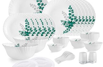 Cello Aqua Leaves Dazzle Series Opalware Dinner Set, 37 Pieces, Service for 6, White, Extra Large (Model: CLO_OPLWR_DZZL_AQLVS_DS_37PCS)