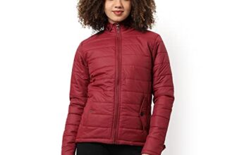 Campus Sutra Women’s Red Hooded Puffer Regular Fit Bomber Jacket For Winter Wear | Low-Cut Standing Collar | Full Sleeve | Zipper | Casual Jacket For Woman & Girl