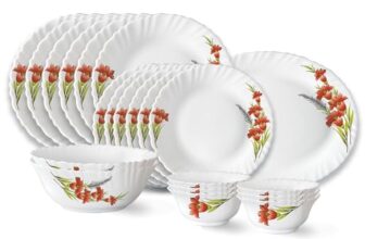 Larah by Borosil Red Iris Fluted Series Opalware Dinner Set | 21 Pieces for Family of 6 | Microwave & Dishwasher Safe | Bone-Ash Free | Crockery Set for Dining & Gifting | Plates & Bowls | White