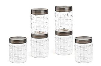 CELLO Checkers PET Canister Set of 6 (650 ml), Transparent | Food Grade | Durable & Shatterproof Body | Stackable | For Grains, Pulses, Spice, Cereals, Cookies, Dry Fruits | Fridge Storage Container