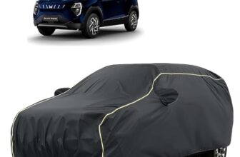 Sulfar 100% Water Resistant Car Body Cover Compatible with Mirror for Mahindra XUV 3XO EV (Triple Stitched, Full Bottom Elastic, Dark Grey Tafetta with Yellow Piping)