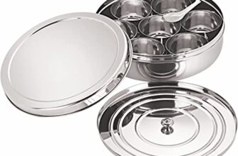 neelam Stainless Steel Spice Box, Masala Dabba with airtight Steel Lid, 7 Containers with 1 Spoon & 1 Steel Plate, Organize Spices, Durable & Elegant Kitchen Storage for Home Cooking, Silver, 825 ml