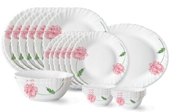 Larah by Borosil Red Mist Fluted Series Opalware Dinner Set | 21 Pieces for Family of 6 | Microwave & Dishwasher Safe | Bone-Ash Free | Crockery Set for Dining & Gifting | Plates & Bowls | White