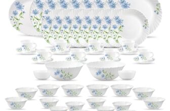La Opala Diva Classique Collection Opal Glass Crockery | for Family of 8 | Dinner Set 53 pcs Blue Daisy | Plates, Bowls & Cups for Dining | Microwave Safe | 100% Vegetarian | Extra Strong | White