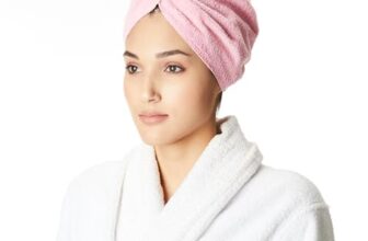 Amazon Brand – Solimo – Cotton Bath Headwrap | Microfiber | Fade Resistant | Pink & Light Blue