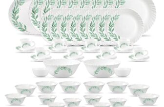 La Opala Diva Classique Collection Opal Glass Crockery | for Family of 8 | Dinner Set 53 pcs Olive Trails | Plates, Bowls & Cups for Dining | Microwave Safe | 100% Vegetarian | Extra Strong | White