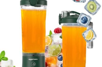 Amazon Basics Portable Hand Blender for Smoothies and Juices | USB Rechargeable | 6 Stainless Steel Blades | 600 ml Food Grade Jar | 1 year Warranty | 2×2000 mAh Batteries (Sage Green)