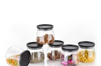 Sulfar Crystal Clear Matka Shaped Glass Jar with Air Tight and Leak Proof Red Colour Plastic lid Jar for Masala, Dry Fruit and Kitchen Canister 900ml Pack of (6 pcs), Multicolor, Large (2286)