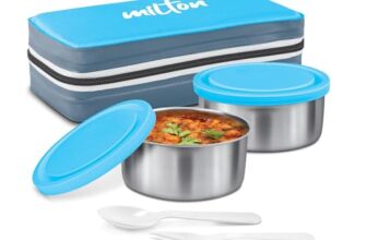 MILTON New Mini Lunch Box with Insulated Fabric Jacket, 2 Containers (2 Stainless Steel 280 ml Each, Spoon & Fork), Leak-Proof Tiffin for Office, School, College, Cyan