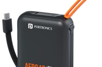 Portronics Aero 10 10000 mAh 20W Fast Charging Mini Power Bank with Detachable Type C Cable, Type C PD Input/Output Port, LED Indicator, Wake Up Button, Strong Lanyard, Light Weight (Black)