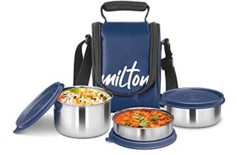 MILTON Tasty 3 Lunch Box with Insulated Fabric Jacket, 3 Stainless Steel Containers (210 ml, 340 ml, 500ml), Leak-Proof Tiffin for Office, College, Picnic, Blue