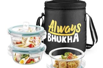 Treo by Milton All Fresh Glass Tiffin Containers with Insulated Bag (Always Bhukha), 3 Containers, 400 ml Each, Microwave Safe, Ovensafe, Stackable, Leak Proof, Office, Black