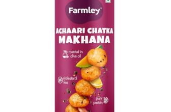 Farmley Roasted and Flavoured Makhana | Achaari Chatka Makhana | Namkeen Snacks & Puffed Snacks | Healthy Snack | Cholesterol & Gluten Free | Rich In Protein & Fiber | Roasted in Olive Oil – 77g Jar