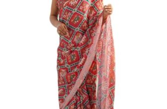 Panzora Women’s Red Chinon Printed Saree With Unstitched Blouse Piece