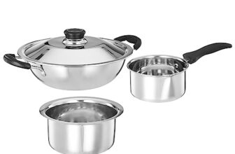 Amazon Brand – Solimo Stainless Steel – 3 Pcs Kitchen Delight Cookware Set (15 Cm Sauce Pan, 23 Cm Kadai with Ss Lid, 20 Cm Tope), Silver