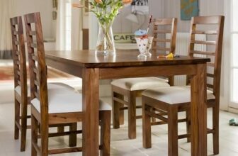 Custom Decor Solid Sheesham Wood Four Seater Dining Table Set with 4 White Colour Cushion Chairs for Dining Room Living Room Home (4 Seater, Seven-Line)