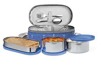 MILTON Corporate Lunch Box Stainless Steel Tiffin (2 Round Container 280 ml Each and 1 Pc Oval Container 500 ml) with Bag, Leak Proof & Airtight Containers with Spoons, Blue
