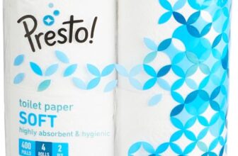 Presto! 2 Ply Toilet Tissue Paper, 100% Natural virgin paper – Pack of 4 (400 Pulls per Roll)