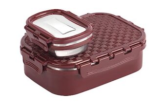 CELLO Matrix Medium Lunch Box, Maroon | Stainless Steel Lunch Box with Inner Separate Veg Box | Leak Proof and Break Resistant | Tiffin for Adults with Snap Lock | Ideal for Office, School, College