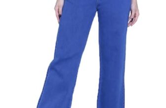 FireAge Light Blue Colored Washed High Rise Wide Leg Opening Retro 5 Pockets Stretchable Denim Jeans Pant for Women
