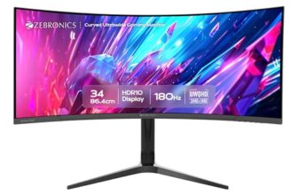 ZEBRONICS PA234 34 Inch 1500R Curved Ultrawide Gaming Monitor, UWQHD 3440×1440, 180Hz, 1ms MPRT, HDR10, Adaptive Sync, 100% sRGB, Height/Pivot/Swivel/Tilt Adjust, 2 x DP, 2 x HDMI Ports