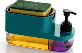 MARKWELL Plastic 3 in 1 Dish Soap Liquid Pump Dispenser Sponge Holder for Sink Countertop Kitchen Bathroom Multi-Color
