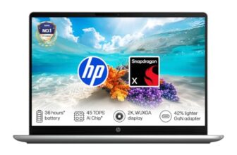 HP Omnibook 3, Snapdragon X Processor, 45 TOPS (16GB LPDDR5x, 512GB SSD) 2K, WUXGA, IPS, 14”/35.6cm, Win 11, Office 24, Silver, 1.4kg, hz0026QU, FHD IR Camera, 42% Lighter mini GaN Charger, AI Laptop