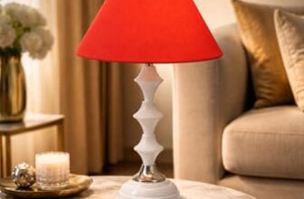 tu casa Modern Table Lamp with Crimson Floral Satin Shade | Metal Iron Base Decorative lamp for Living Room| Decorative Lighting for Living Room, Study & Home Décor, Designer Table Lamp for Gifting (Red)