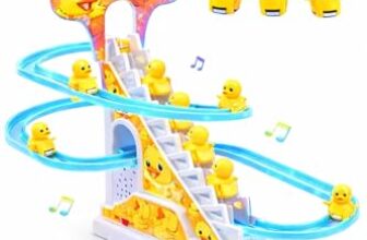 TEC TAVAKKAL Duck Slide Toy Set, Funny Automatic Stair-Climbing Ducklings Cartoon Race Track Set Duck Roller Coaster Escalator Toy with Flashing Lights & Music (Duck Slide Track Set)
