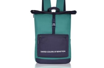 United Colors of Benetton Grand Slam 30L Roll-Top Laptop Backpack – Dark Green+Navy Color | Fits 14-inch Laptops | Secure Buckle Closure & 1-Year Warranty