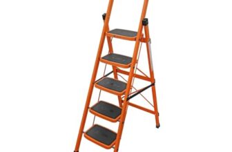 BonKaso Premium Alloy Steel Heavy Duty Multipurpose Foldable 5 Step Ladder with Connecting Frame & Belt Support, Load Capacity Upto 120kg for Home and Outdoor – (Orange)