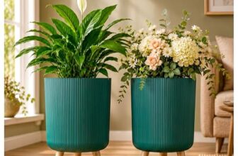 Eightiz Store Modern Green Flower Pot with Plastic Legs | Indoor Outdoor Planter for Home Garden Balcony Decor Ribbed Design Sturdy Plastic Mid-Century Style (Green, Pack of 2)