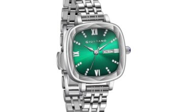 Giordano Elegant Square Watch for Women – Crystal & Roman Hour Markers, Day-Date Display, Stainless Steel Strap