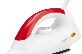 amazon basics 1000 Watts Dry Iron with Non-Stick Soleplate | Stainless Steel Base | Ergonomic | Red and White