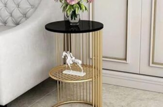 Furniture Café Modern Round Side Table with White Marble Top & Golden Metal Frame – End Table with Storage Shelf for Living Room & Bedroom
