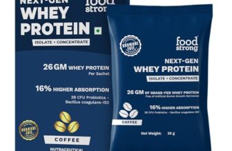 Foodstrong Next-Gen Whey Protein Isolate + Concentrate, 100% Hormone Free Grass-Fed Whey, 26G Protein, Coffee, With Turmeric, Probiotics & Natural Digestive Enzymes For Easy Digestion, Single Serve Sachet, 35G