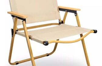 Garden Art Folding Portable Metal Camping Chair with Wooden Armset GAFCB1491-7 | HIgh Back Reclining Outdoor Chair for Camping,Fishing, Picnic | Light Weight Easy to Fold and Carry (Khaki, Medium)