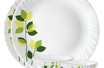 Larah by Borosil Green Leaves Silk Series Opalware Dinner Set | 6 Pieces for Family of 2 | Microwave & Dishwasher Safe | Bone-Ash Free | Crockery Set for Dining & Gifting | Plates & Bowls | White
