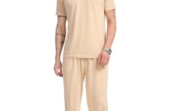 Thomas Scott Men’s Solid Polyester Relaxed Fit T-Shirt & Joggers Co-Ords Set with Round Neck & Short Sleeves (TMSTCS002_Beige_M)