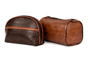 SNDIA 2-Set PU Leather Toiletry Travel Bags for Men and Women, Shaving Kit Bag, Makeup Cosmetic Pouch for Women and Men (Him & Her) Brown
