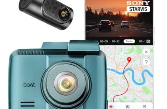 boAt 2026 Edition Hive Dashcam F1, Sony STARVIS 4K Ultra HD Front & Full HD Rear Recording, ADAS Voice Commands, Dual Channel Recording, GPS Route Log, Wi-Fi, 150° Wide FOV, Smart Parking (Steel Blue)