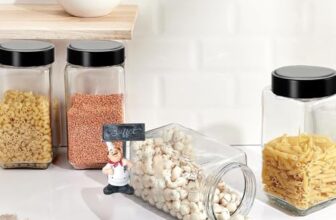 RAQSAL Set of 4 Cubical Square 1000ml Glass Jars & Containers for Kitchen, Square Storage Glass Jar 1000 ml Each, Transparent Glass Jat with Black Color Plastic Airtight Lid Nextiza
