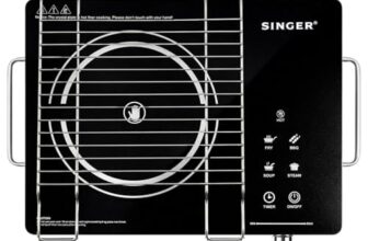 SINGER Infrared Venus Pro 2200W Induction Cooktop | Glass Top | Touch Control | 4 Preset Modes | Zero Flame Cooking | 3-Hour Timer | Suitable for All Utensils | Grill Set Included – Black