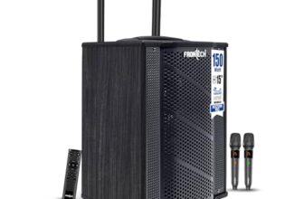 FRONTECH Nocturn Pro Trolley Speaker | 150W Powerful Sound | Dual Wireless Microphones | USB/TF/Bluetooth/FM | Guitar & MIC Input | Rechargeable Battery (SW-0211, Black)