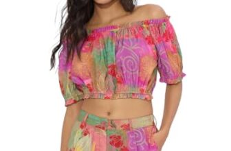 The Souled Store Faded Rose Women and Girls Off Shoulder Short Sleeves All Over Printed Viscose Blend Regular Fit Cropped Tops