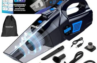WOSCHER AirVac Pro+ 3in1 USB Rechargeable Car Vacuum Cleaner Cordless,Tyre Inflator,150 PSI Digital Air Pump for Car Tyre|120 Watt Car Vacuum Cleaner High Power 6000PA |LED Light| Auto Shut Off