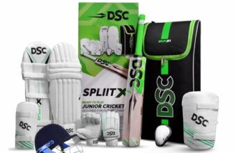 DSC Spliit X1 Junior Kashmir Willow Cricket Kit with Helmet | 1 Cricket Bat, Kit Bag, Thigh & Arm Guard, Abdominal Guard | 1 Pair Batting Gloves & Batting Legguard | Color: Green | Size: 6